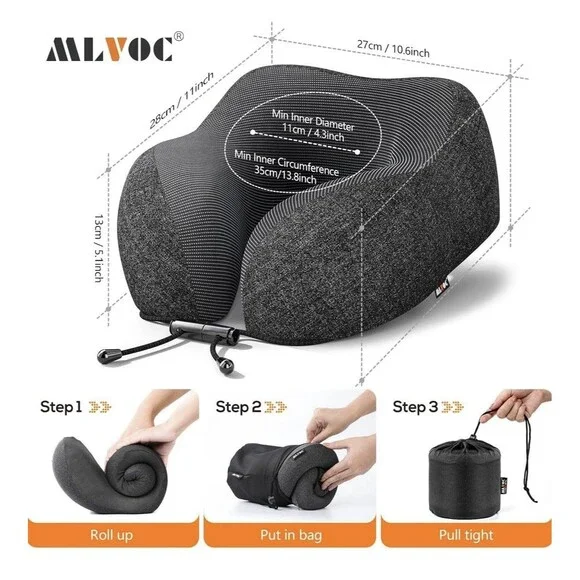 Memory Foam Neck Pillow Travel Kit w/ Eye Mask, Earplugs & Bag – Black - Picture 2 of 8